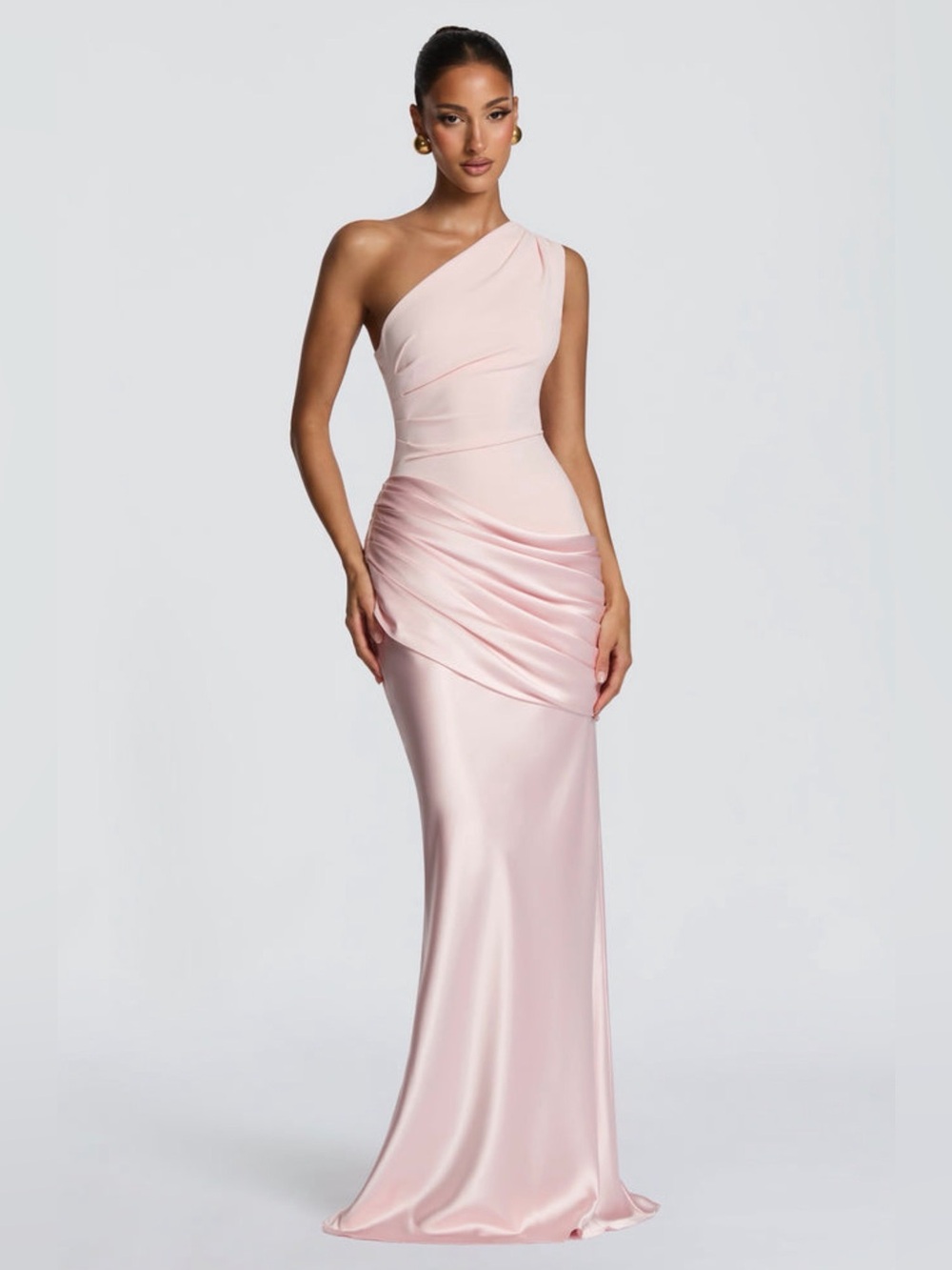 Asymmetrical One-Shoulder Pink Satin Gown